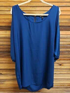 Express Muted Blue Teal Silky Cold Shoulder Tunic Top or Mini Dress Size L
